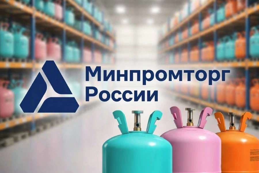 логотип Минпромторг на фоне баллонов с фреоном