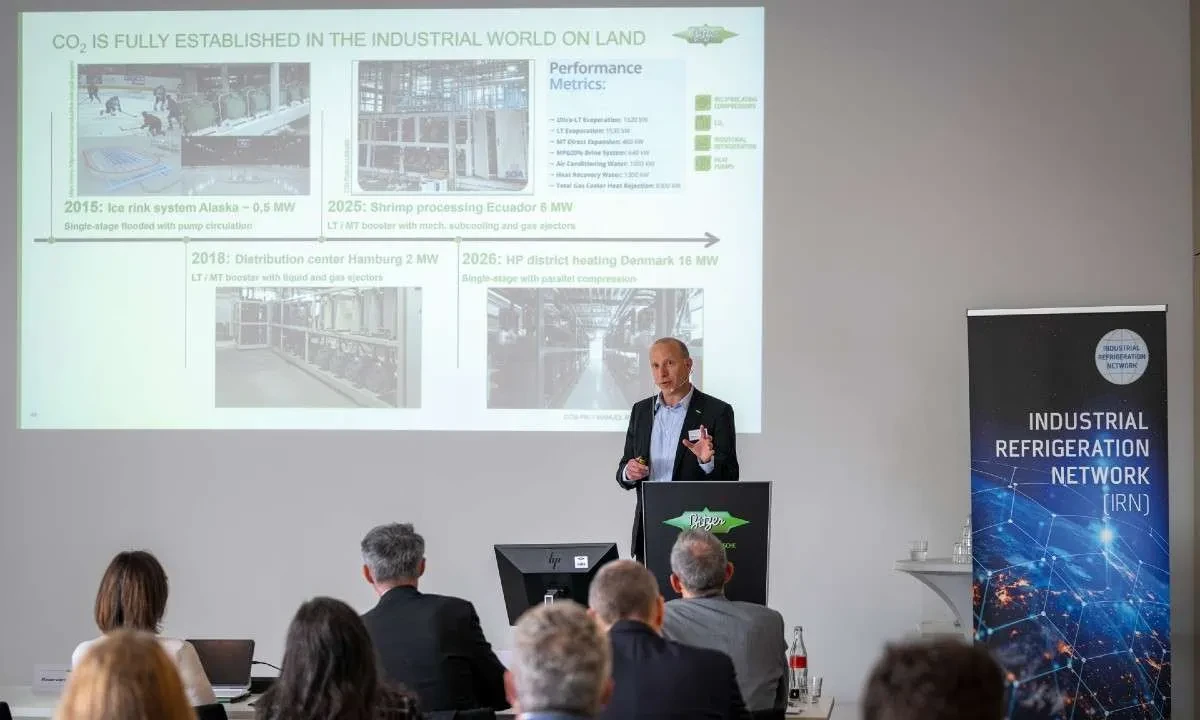 Manuel Reichle, Product Manager of Reciprocating Compressors at Bitzer, presenting at INR 2026. Photo Credit: Tom Brunner for Munix Media.