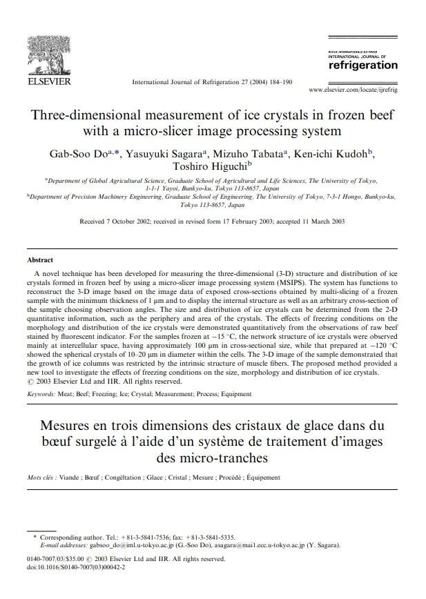 Three-dimensional measurement of ice crystals in frozen beef with a micro-slicer image processing system Three-dimensional measurement of ice crystals in frozen beef with a micro-slicer image processing system