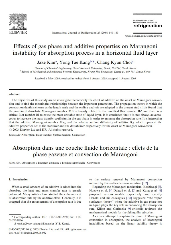 Effects of gas phase and additive properties on Marangoni instability for absorption process in a horizontal fluid layer Effects of gas phase and additive properties on Marangoni instability for absorption process in a horizontal fluid layer