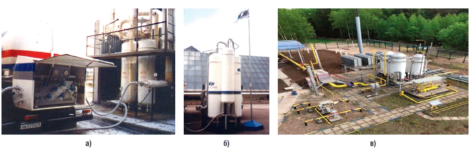 Установки СПГ в Петродворце (а), на ГРС «Никольское» (б) и ГРС «Выборг» (в)