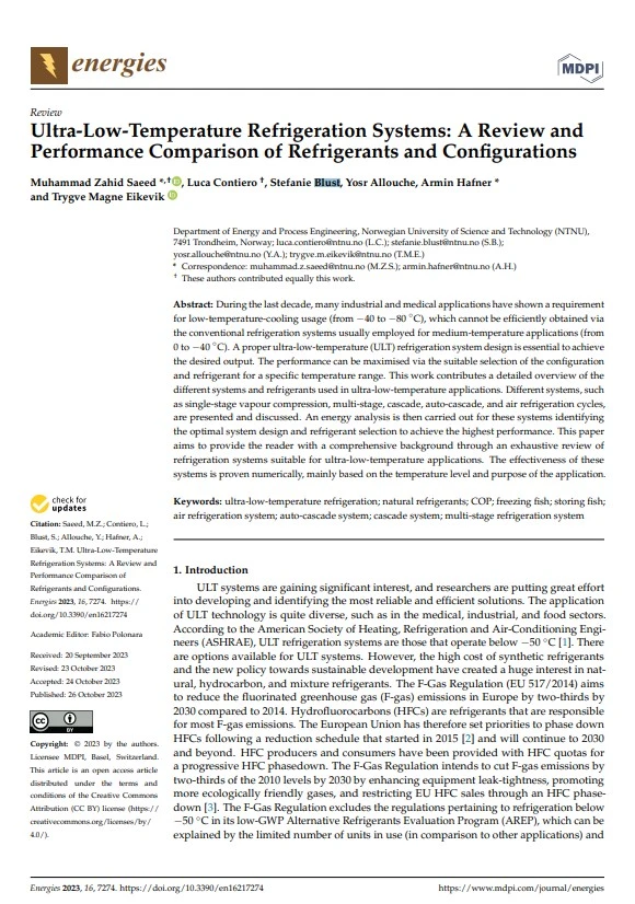 Ultra-Low-Temperature Refrigeration Systems: A Review andPerformance Comparison of Refrigerants and Configurations