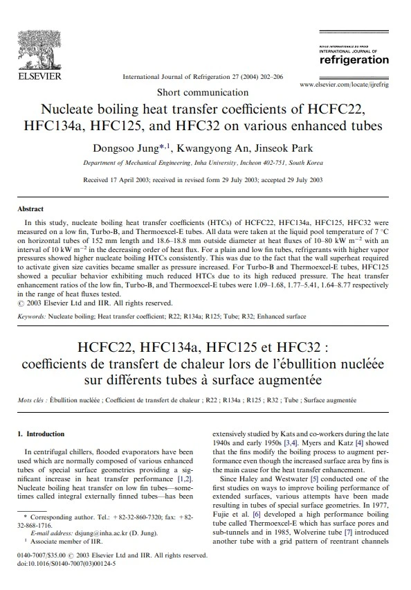 Nucleate boiling heat transfer coefficients of HCFC22, HFC134a, HFC125, and HFC32 on various enhanced tubes