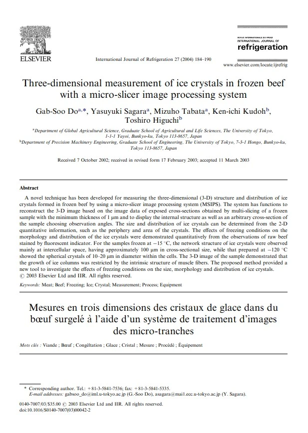 Three-dimensional measurement of ice crystals in frozen beef with a micro-slicer image processing system