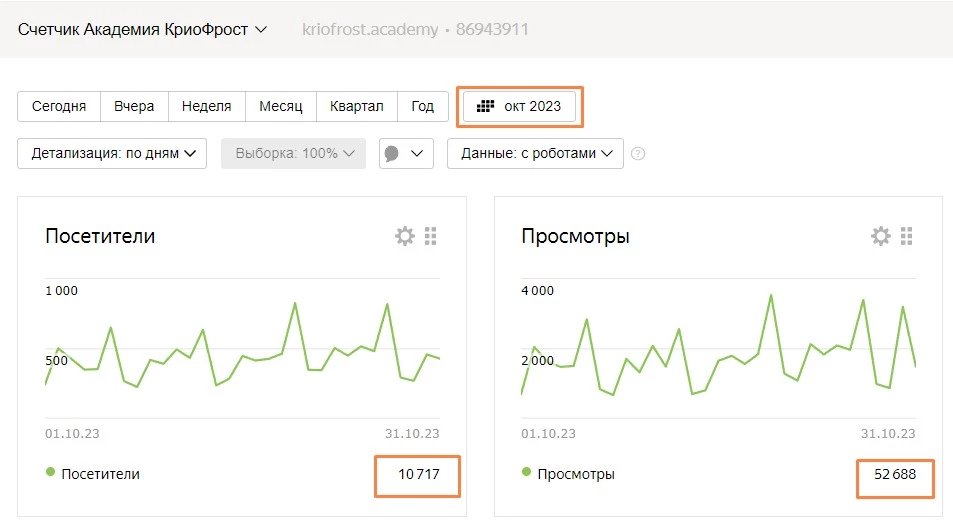 Яндекс Метрика сайта kriofrost.academy за октябрь 2023 г.